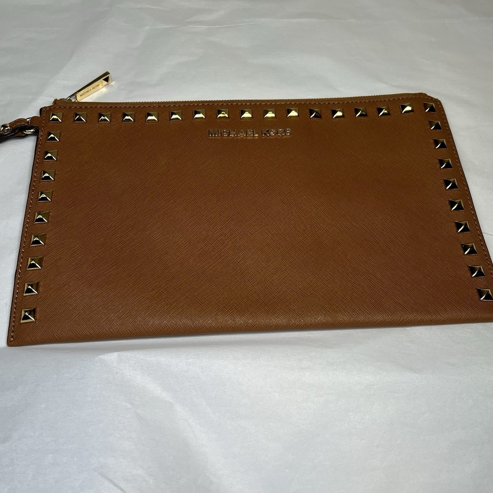 Michael Kors Jet Set Brown XL Travel Clutch Wristlet Leather Handbag Studded